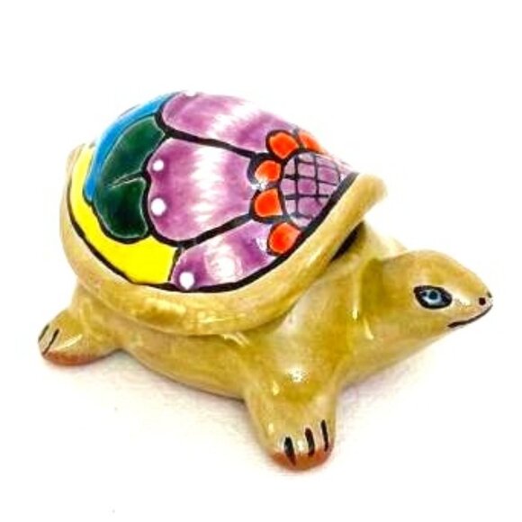 Turtle Trinket Box Ceramic Pottery Hand Painted Keepsake Dish Made in Mexico - Picture 1 of 8